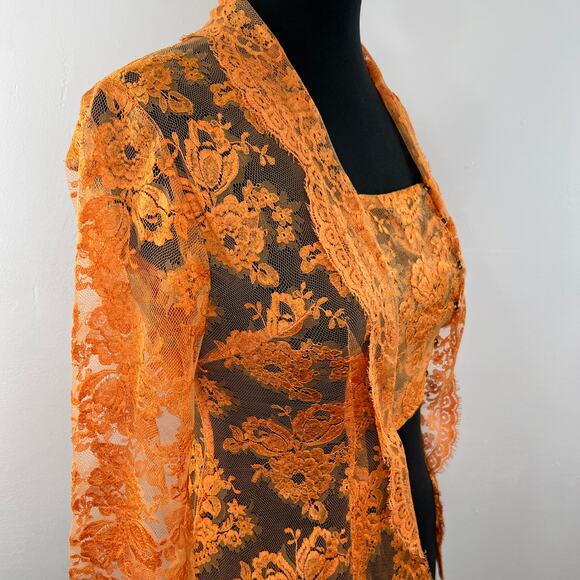 VINTAGE Orange Sheer Lace Scalloped Edge Long Sleeve Bandeau w/ Attached Jacket - Picture 2 of 6